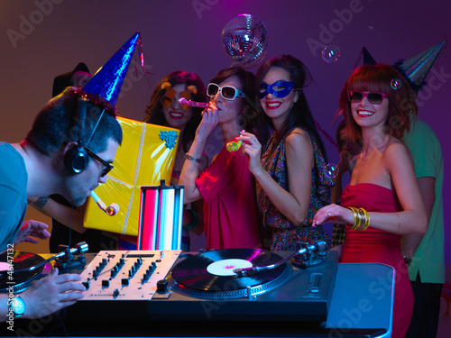 party with dj, presents, blowers and party hats