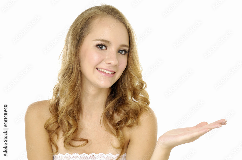 woman holding your amazing product in hand and smiling woman holding your amazing product in hand and smiling