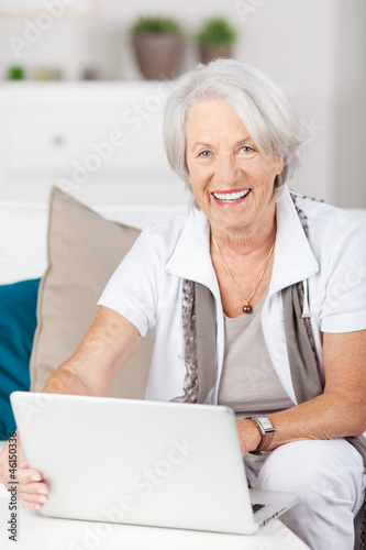 lächelnde seniorin mit laptop auf dem sofa