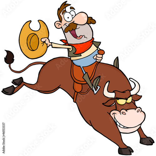 Happy Cowboy Riding Bull In Rodeo