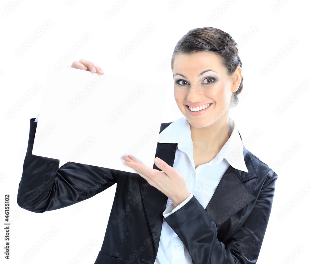 Beautiful business woman with a white banner Beautiful business woman with a white banner