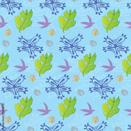 Fond Motif Fleurs, Feuillages et Oiseaux