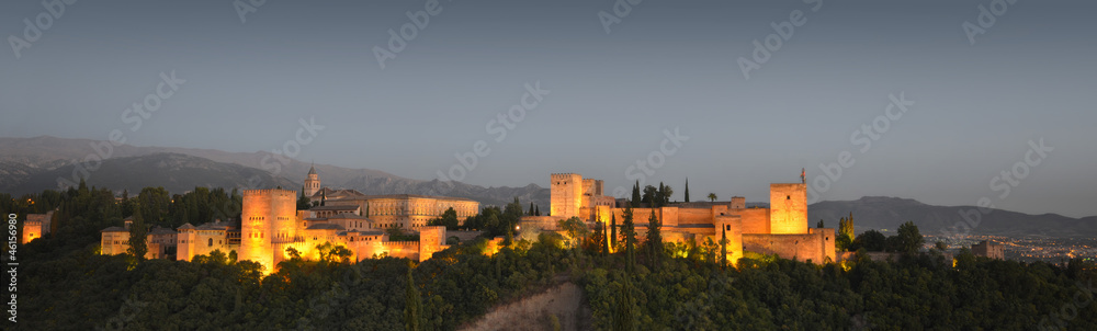 Panoramic view of the Alhambra at dusk