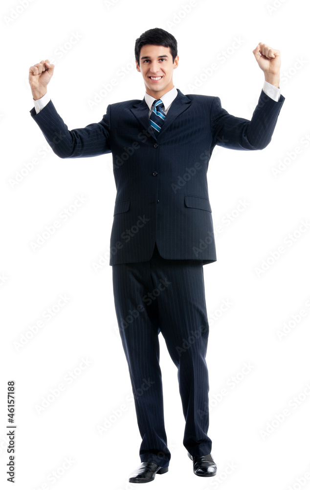 Happy gesturing businessman, isolated Happy gesturing businessman, isolated