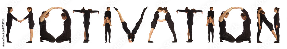 Black dressed people forming MOTIVATION word over white Black dressed people forming MOTIVATION word over white