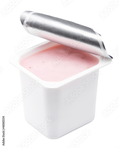 Strawberry yogurt in opened yoghurt pot
