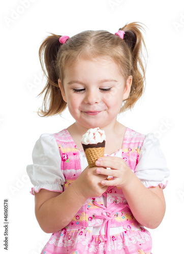 happy kid girl eating ice c...