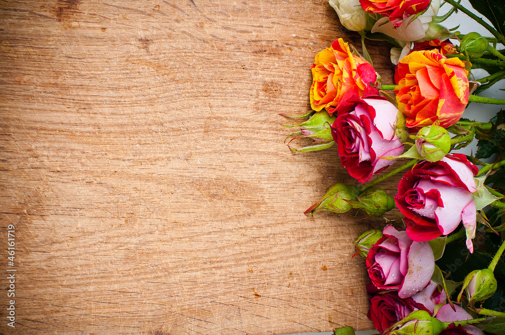 multicolored roses on a wooden board multicolored roses on a wooden board