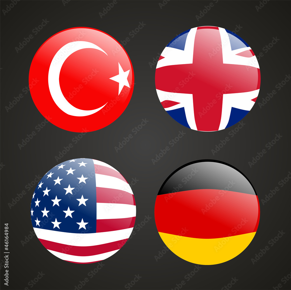 Deutschland Türkei England Amerika Flaggen Fahnen Buttons Stock