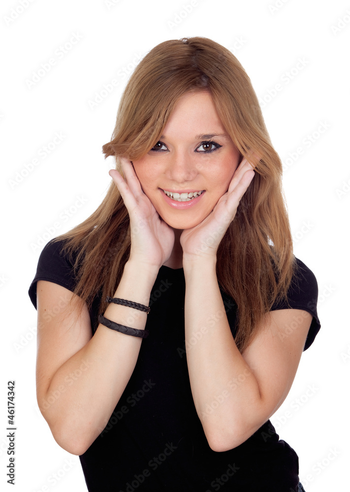 Attractive blond woman with black shirt saying a secret Attractive blond woman with black shirt saying a secret