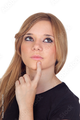 Pensive blond woman with black shirt