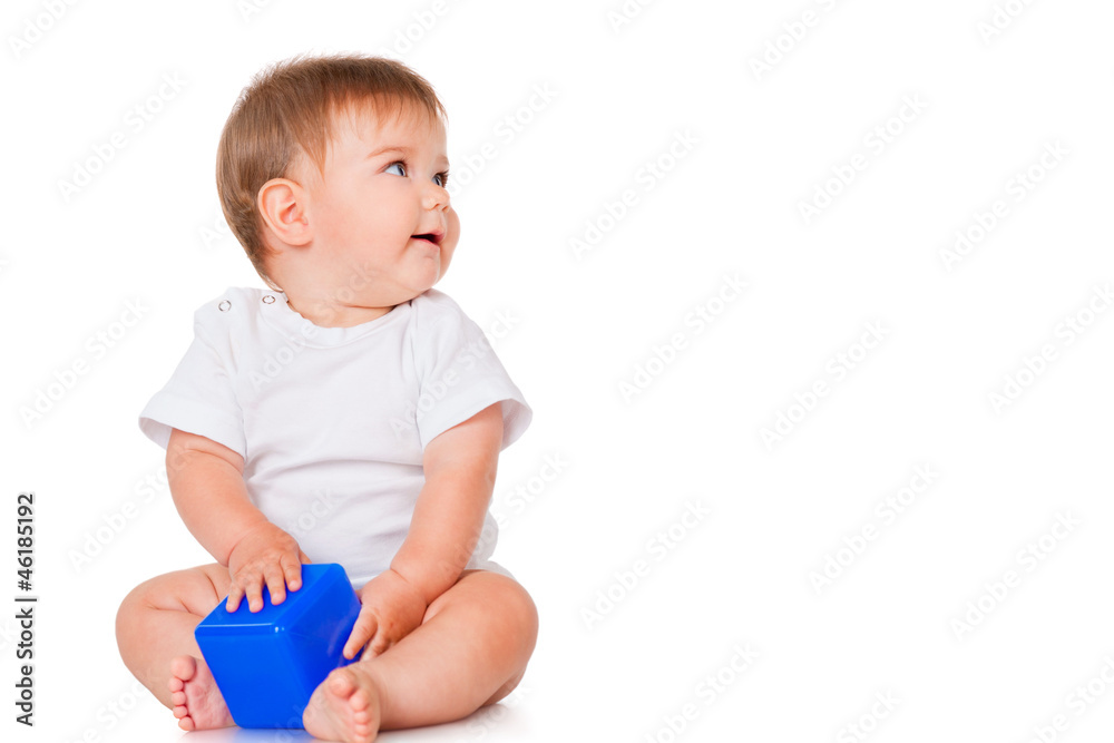 Little boy with a blue toy blocks, isolated on white Little boy with a blue toy blocks, isolated on white