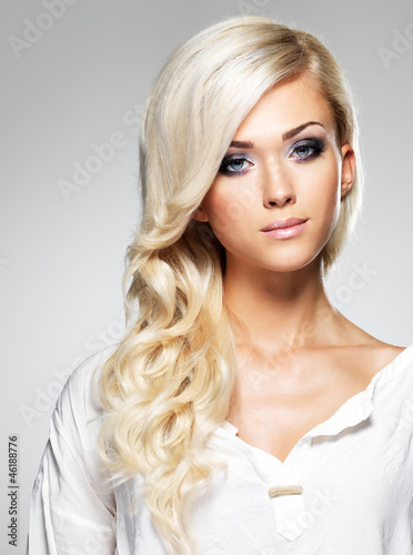 Fashion model with long white hair
