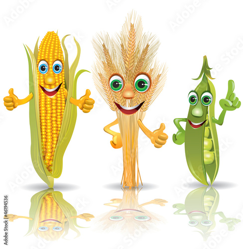 Funny vegetables, corn, ears of corn, peas