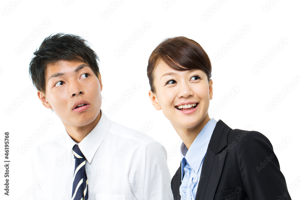 Young asian smiling business woman and businessman Young asian smiling business woman and businessman