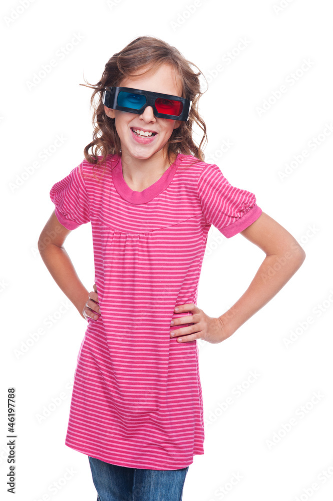 excited ten year girl in stereo glasses excited ten year girl in stereo glasses