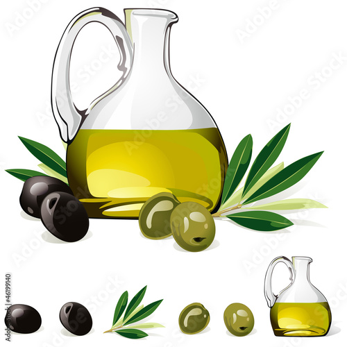 carafe with olive oil, green and black olive
