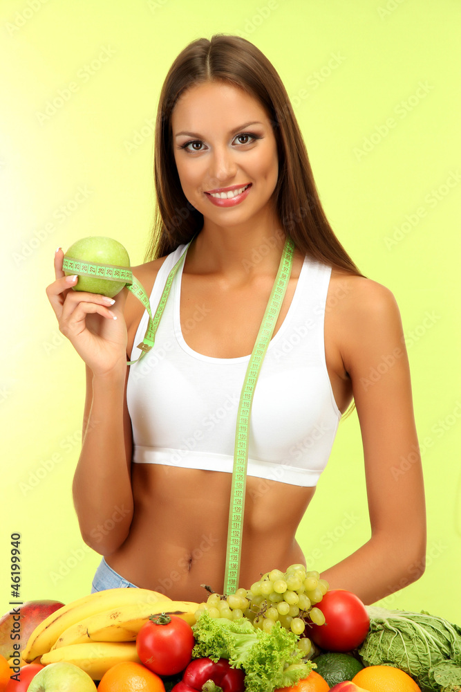 beautiful young woman with fruits and vegetables, beautiful young woman with fruits and vegetables,