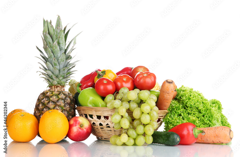 Composition with vegetables and fruits in wicker basket