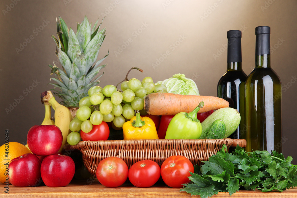 Composition with vegetables and fruits in wicker basket Composition with vegetables and fruits in wicker basket