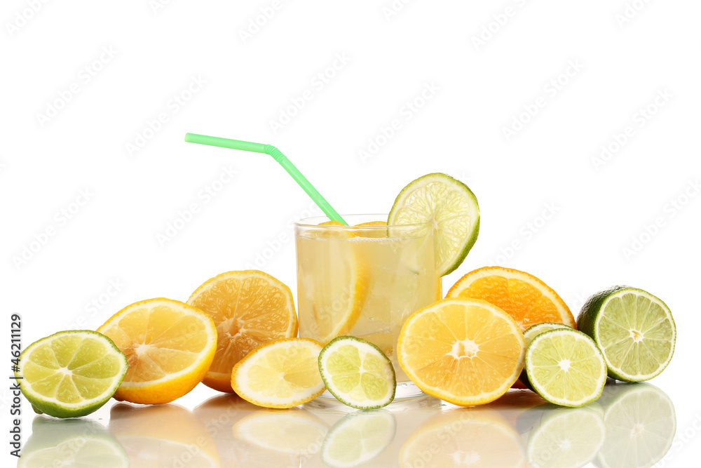 Citrus lemonade in glass of citrus around isolated on white