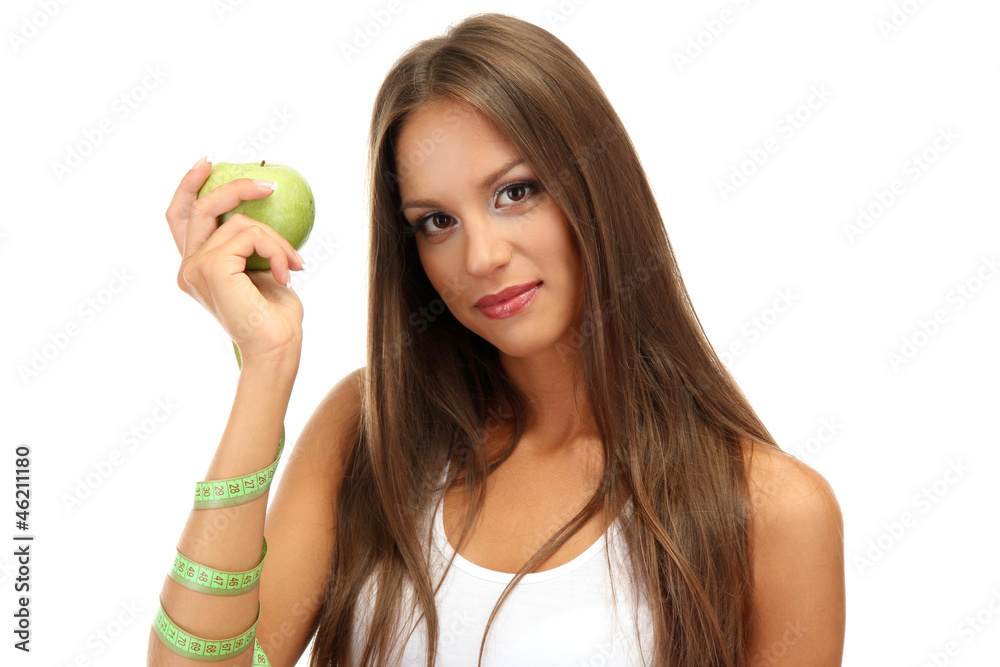 beautiful young woman with green apple and measure tape, beautiful young woman with green apple and measure tape,