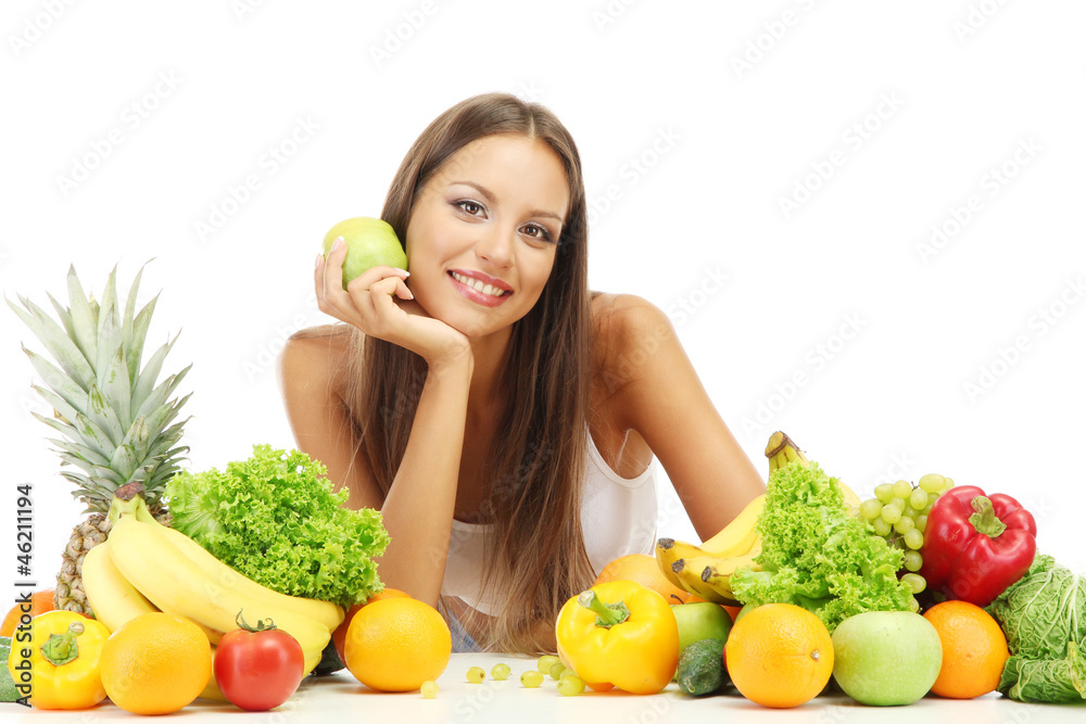 Fototapeta premium beautiful young woman with fruits and vegetables, isolated