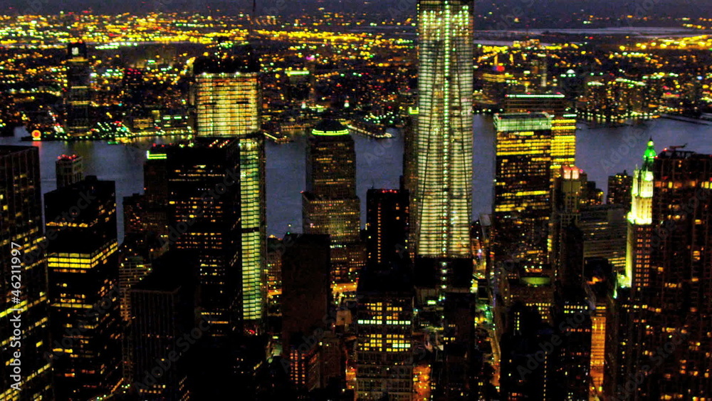 Aerial view of Manhattan illuminated at night, New York, USA