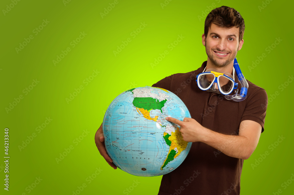 Young Man With Globe And Snorkel Young Man With Globe And Snorkel