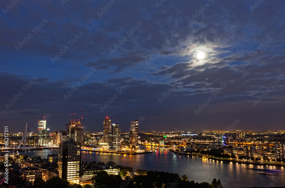 View of Rotterdam from height of bird's flight at night
