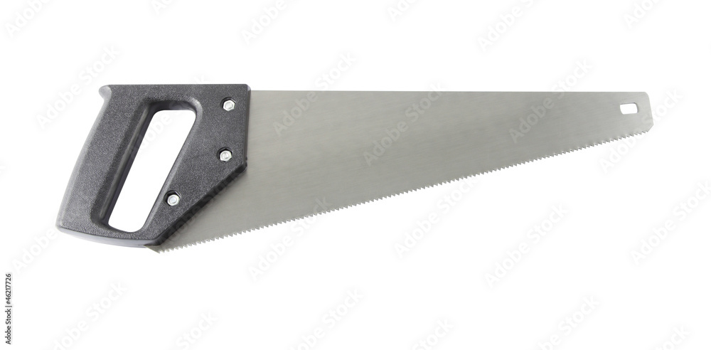 Saw black plastic handle on white background. Saw black plastic handle on white background.