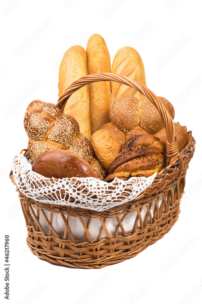 Fresh bread in the basket fully isolated