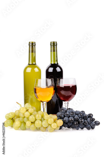 Wine bottle, glass and grapes