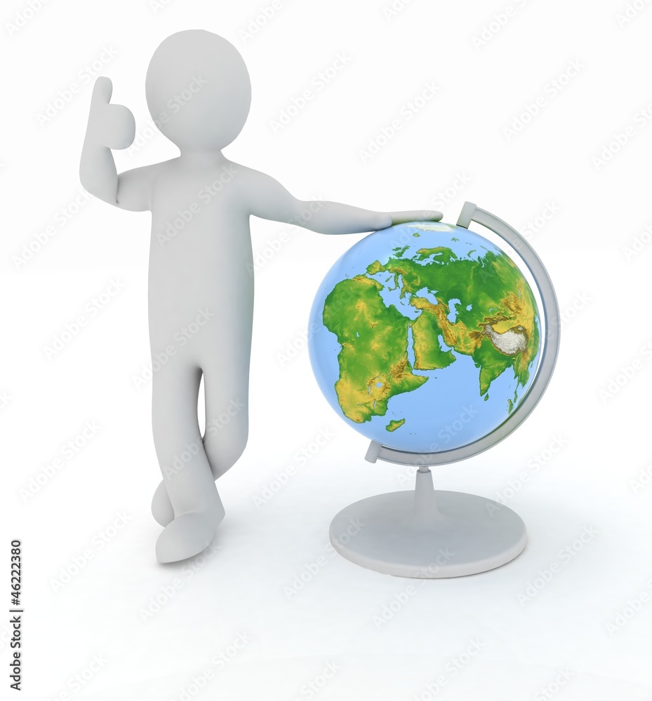 Man by presentation a globe over white Man by presentation a globe over white