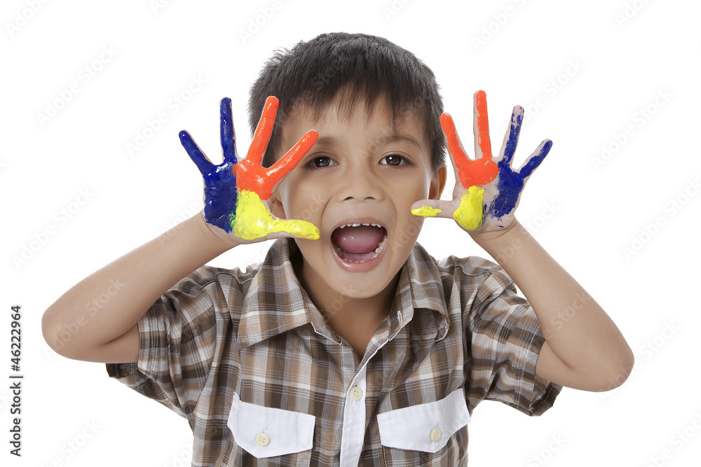 happy boy with colorful painted hands happy boy with colorful painted hands