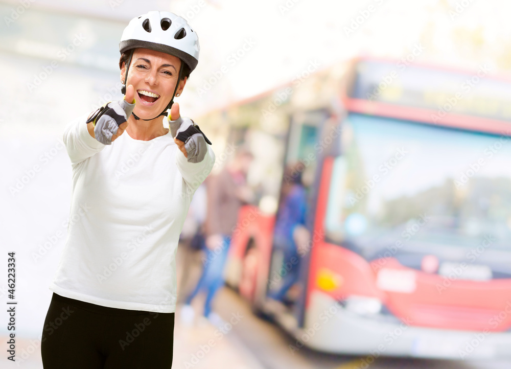 Woman Wearing Helmet Showing Both Thumbs Up Woman Wearing Helmet Showing Both Thumbs Up