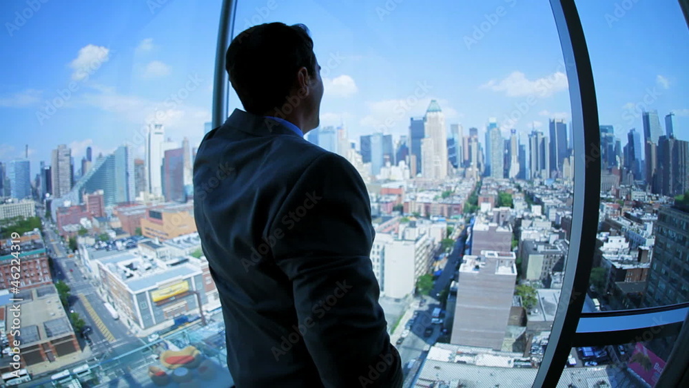 Caucasian manager has business call in Manhattan office centre Caucasian manager has business call in Manhattan office centre