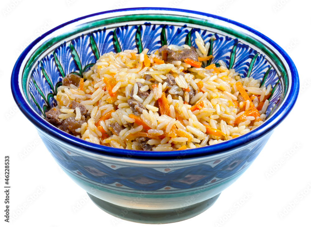 traditional asian pilau with meat in ceramic bowl traditional asian pilau with meat in ceramic bowl