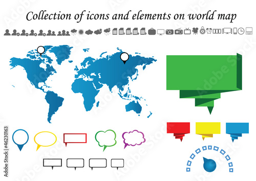 Collection of icons and elements on world map