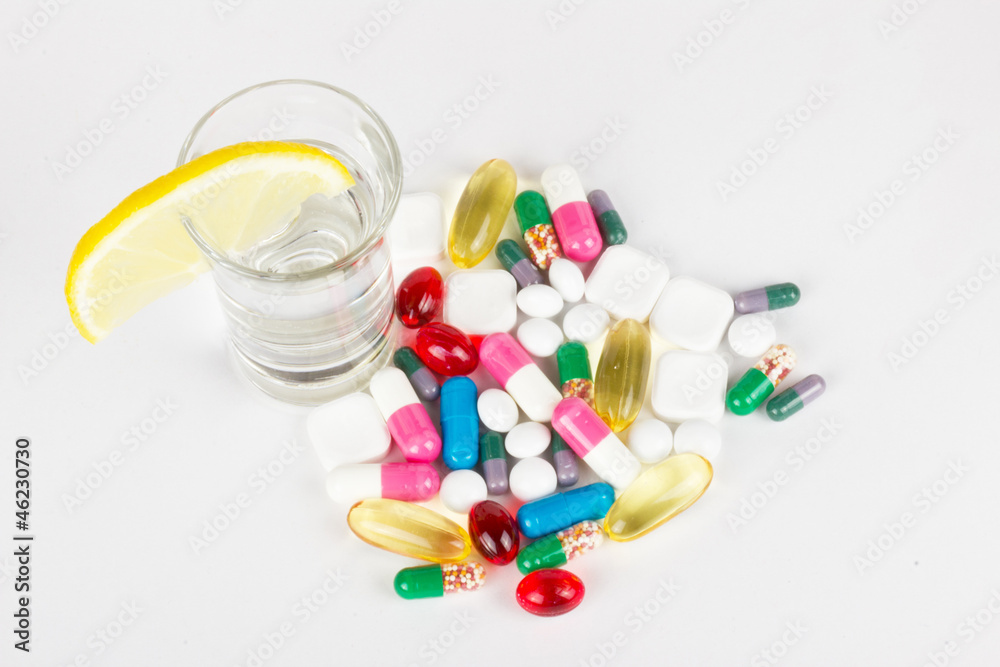 Medicals with alcohol on white Medicals with alcohol on white