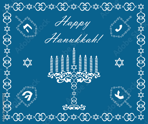 Chanukah holiday background with dreidels and khanukiyah, vector