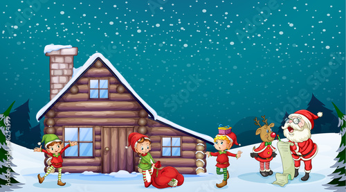 a santa clause, kids and a reindeer