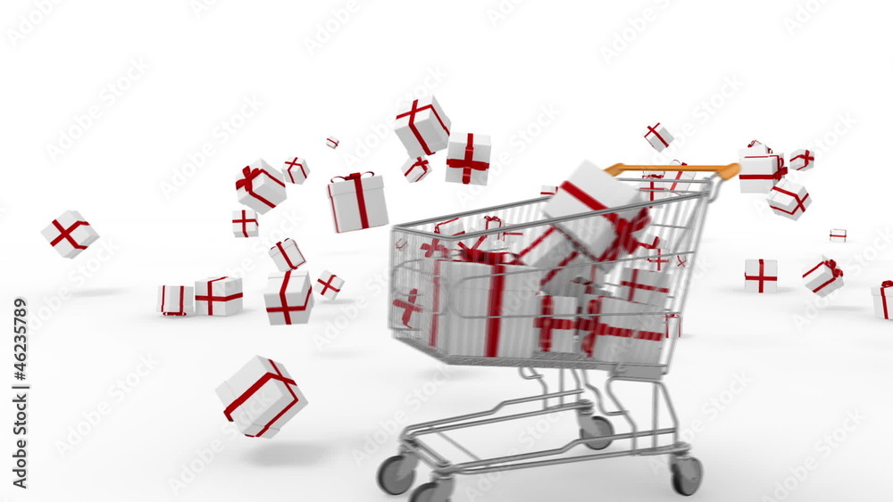 Gifts falling into animated shopping cart