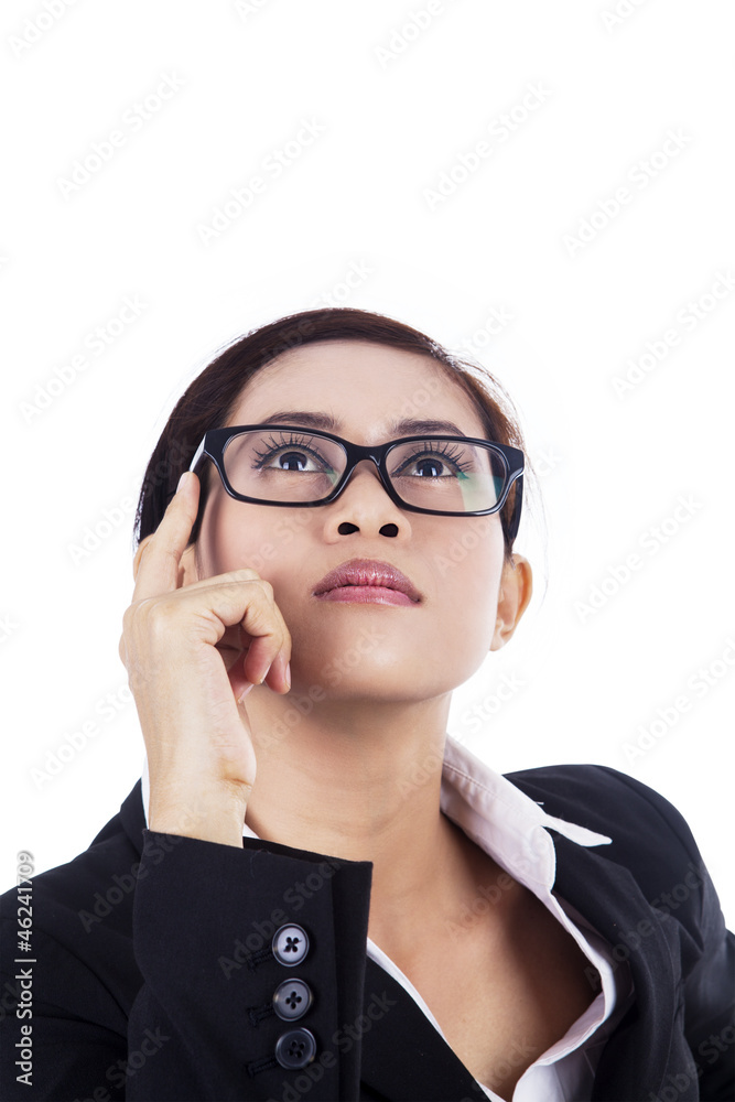 Business-woman-looking-up-isolated-in-white Business-woman-looking-up-isolated-in-white