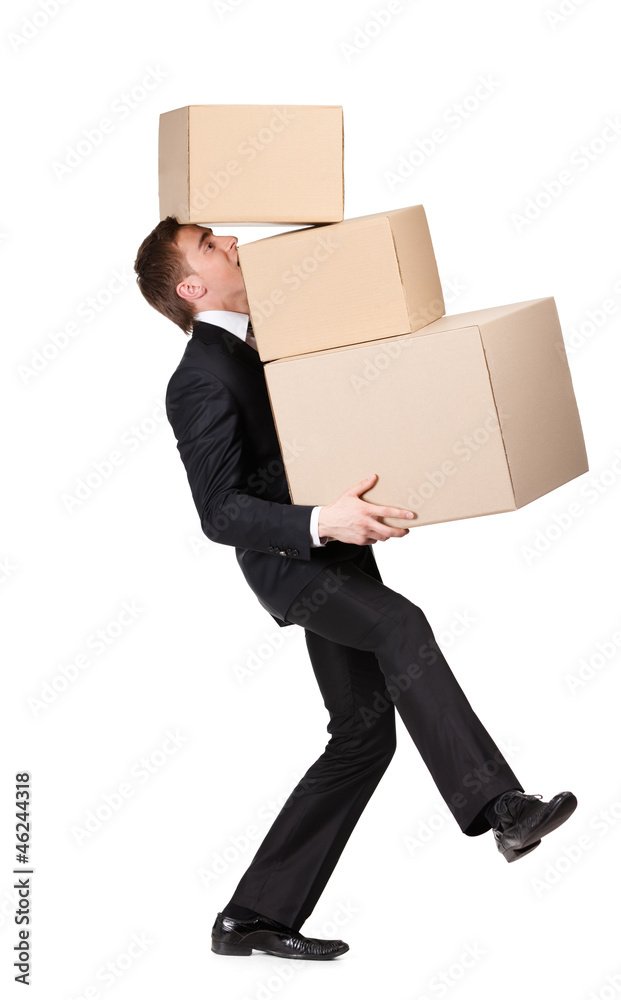 Manager keeping pile of containers, isolated on white Manager keeping pile of containers, isolated on white