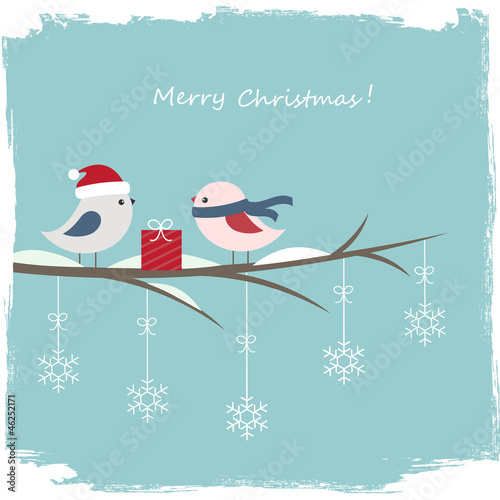 Winter card with cute birds and gift box