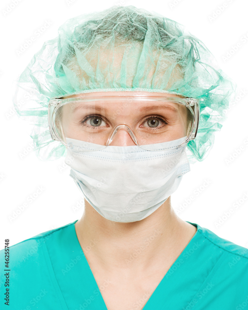 Surgeon woman in protective glasses and mask Surgeon woman in protective glasses and mask