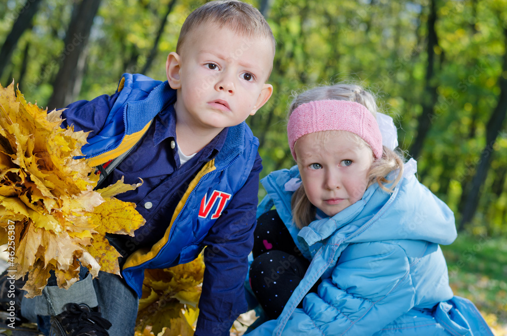 Young Children Playing in an Autumn Woodland Young Children Playing in an Autumn Woodland
