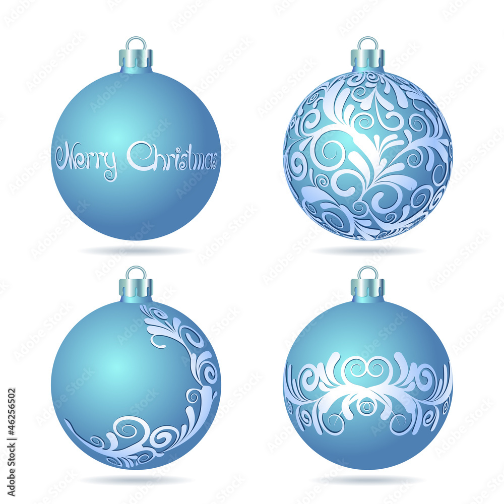 Set of Blue Christmas balls on white background.