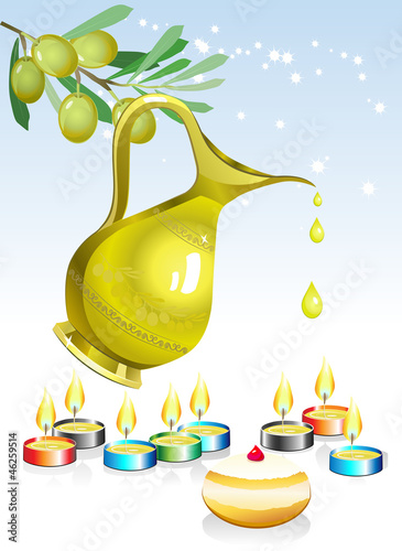 hanukkah background with candles, oil and olive tree